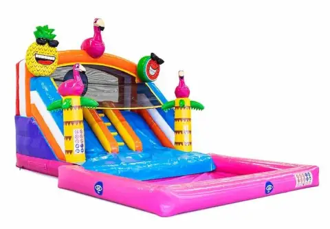 Castillo hinchable tobogan flamingo con piscina desmontable